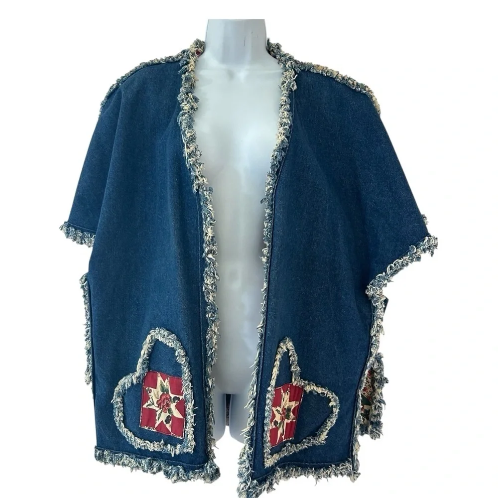HANDMADE Vintage Denim Patchwork Kimono Jacket Heart Pockets Plaid Lining OSFM